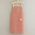 Orange striped cotton linen kitchen apron with straps and pocket for cooking home. - Red