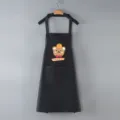 Waterproof kitchen apron with cute bear print, black PVC waist apron with pocket for cooking. - Lucky Bear (Standard) / Black