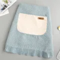 Blue and white striped half apron with large beige front pocket and ruffled hem for kitchen. - Blue