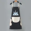 Waterproof kitchen apron with hand wiping towels, pockets, cute cartoon design, black adult workwear. - Black with Grey Pocket