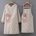 Süßes koreanisches Blumen Küchen Koch Schürzen Set mit langen Ärmeln und Hasenohren. - Langarm & Latz Set / Grün