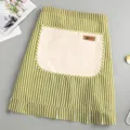 Green white striped half apron with beige pocket, cotton linen waist apron for cooking. - Green