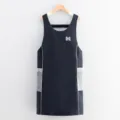 Waterproof sleeveless kitchen apron with wiping hand pockets, solid color hanging main view. - Navy Blue