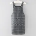 Grey grid cotton linen strap apron main view, kitchen cooking oilproof overall coverall. - Gray