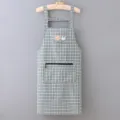 Cotton linen kitchen apron with strap zipper pocket cute plaid cooking workwear for women - Green