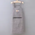 Plaid cotton linen strap apron with zipper pocket, cute embroidered kitchen work clothes variant. - Black
