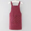 Wine red checkered cotton linen apron with front pocket kitchen cooking smock style. - Red