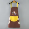 Waterproof kitchen apron with pockets and wipe towels, cute cartoon rabbit design, brown and yellow. - Coffee with Yellow Pocket (Hand-Wiping Style)