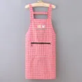 Red and white plaid kitchen apron with pocket, cute bear rabbit design, cotton blend. - Red