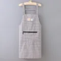 Cotton linen plaid kitchen apron with zipper pocket, stylish waterproof cooking apron for women - Gray