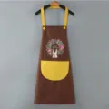 Cute brown and yellow kitchen apron with waterproof fabric, front pocket and rabbit print. - Hand-wipe Style / Coffee with Yellow Pocket