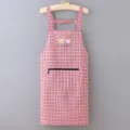 Cotton linen red white plaid apron with zipper pocket cute bear print kitchen work wear - Burgundy