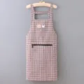 Plaid cotton linen strap apron with zipper pocket cute rabbit and bear print design - Coffee