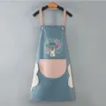 Kitchen waterproof cooking apron with pockets and wiping towels, cute rabbit floral print. - Hand-wipe Style / Dusty Blue with Pink Pocket