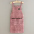 Red plaid kitchen apron, breathable cotton cooking apron with front pocket for women. - Red