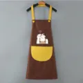 Brown kitchen apron with yellow straps and pockets, cute cartoon girl graphic design. - Coffee with Yellow Pocket