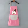 Pink cute Japanese waterproof kitchen apron with front pocket for cooking and housework baking. - Pink with Grey Pocket