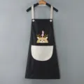 Cute waterproof kitchen apron with cartoon deer pocket adjustable strap cooking bib for women - Black with Grey Pocket