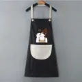 Waterproof kitchen apron for women, cute Japanese style cooking bib with pockets and cartoon print. - Black with Grey Pocket