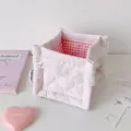 Detailed view of pink quilted fabric storage basket with lace trim and rabbit pattern - S / Pink
