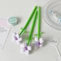 Macro view of purple plaid fabric flower topper on green stem student gift gel pen - Purple Plaid