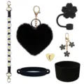 Stanley cup accessories set including black fluffy heart keychain, daisy strap and silicone boot. - Black