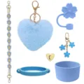 Cute blue Stanley cup accessories set including plush heart keychain and silicone boot. - Blue
