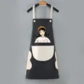 Grembiule da cucina impermeabile con stampa di ragazza di cartone animato, tasche, elegante. - Modello standard (senza asciugamani laterali) / Nero con tasca grigia