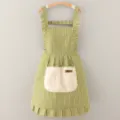 Green white striped cotton linen apron with ruffles, front pocket, ideal for kitchen housework. - Green