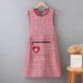 Red and white checkered kitchen apron with zipper pocket and cute rabbit heart applique. - Wine Red