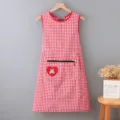 Red white checkered kitchen apron, cute rabbit patch, zipper pocket, stylish home cooking. - Red