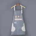 Blue grid waterproof kitchen apron with cute strawberry print and wipeable hand fleece pockets. - Hand-wipe Style / Leather Blue