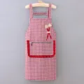 Red Plaid Cotton Apron with Zipper Pocket Cute Floral Kitchen Cooking Apron for Women - Red