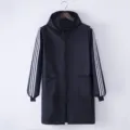 Black waterproof hooded long sleeve workwear jacket with three white stripe sleeves. - XL / Black