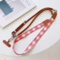 Crossbody phone lanyard strap with red geometric woven band and brown rope, versatile. - #7