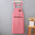 Red white plaid cotton kitchen apron with zipper pocket and cute bear design for cooking. - Red