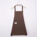 Brown striped kitchen apron with front pocket, sleeveless polyester cooking wear for home use. - Brown Halter Style