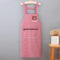 Red and white checkered cotton kitchen apron with zipper pocket and cute bear print design. - Jujube Red