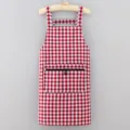 Red white checkered kitchen apron with front pocket and straps for cooking at home. - Burgundy