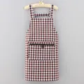 Brown and white plaid kitchen apron with pocket, comfortable strap design for home cooking use. - Coffee