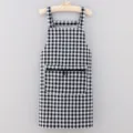 Black and white grid apron kitchen cooking waist cover adjustable strap practical design - Black