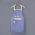Blue grid kitchen apron with cute cartoon pattern and front pocket, durable cotton material. - Blue - Standard Style