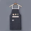 Cute grid kitchen apron with front pocket, stylish cartoon strawberry pattern for cooking baking. - Black - Standard Style