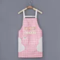Pink grid waterproof kitchen apron with hand wipe towels pockets cute cartoon print cooking bib - Hand-Wiping Style - Pink