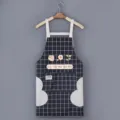 Waterproof grid kitchen apron with hand wipe towels and cute cartoon patches for cooking. - Hand-Wipe Apron - Black