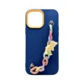 Blue silicone phone case detail showing pastel colorful chain strap and cute bear pendant. - Sapphire Blue