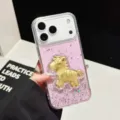 Glitter epoxy telefoonhoesje voor iPhone met 3D gouden dierenriem paard design en roze glitter. - Roze / iPhone17Pro Max