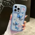 Blauwe golvende glitter vlinder telefoonhoesje detailweergave compatibel met de iPhone - Transparant blauw / 15promax