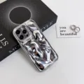 Silver electroplated liquid metal phone case with unique irregular texture, detail shot. - Huawei P50 / Silver