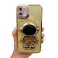 Luxury gold glitter phone case with electroplated 3D gold astronaut stand for iPhone. - XR / Gold